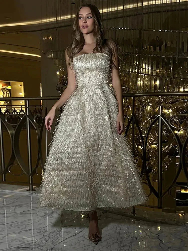 Sexy White Feather Backless Midi Dress