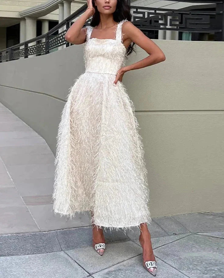 Sexy White Feather Backless Midi Dress