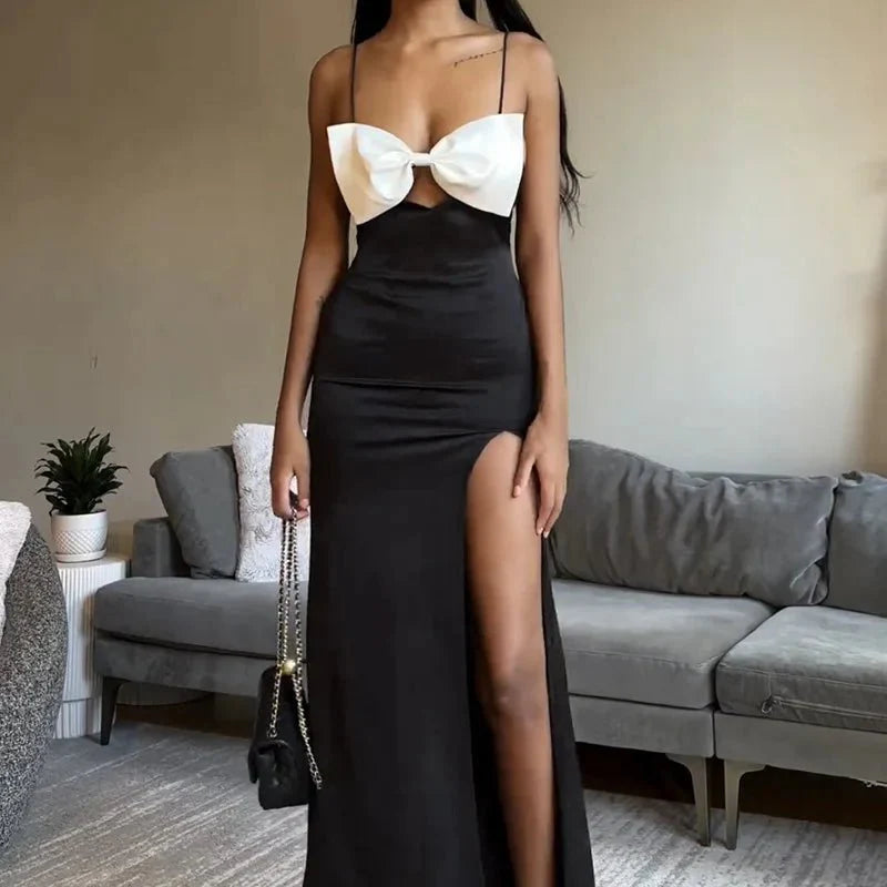 Side Slits Birthday Bow Backless Evening Dress