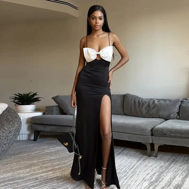 Side Slits Birthday Bow Backless Evening Dress