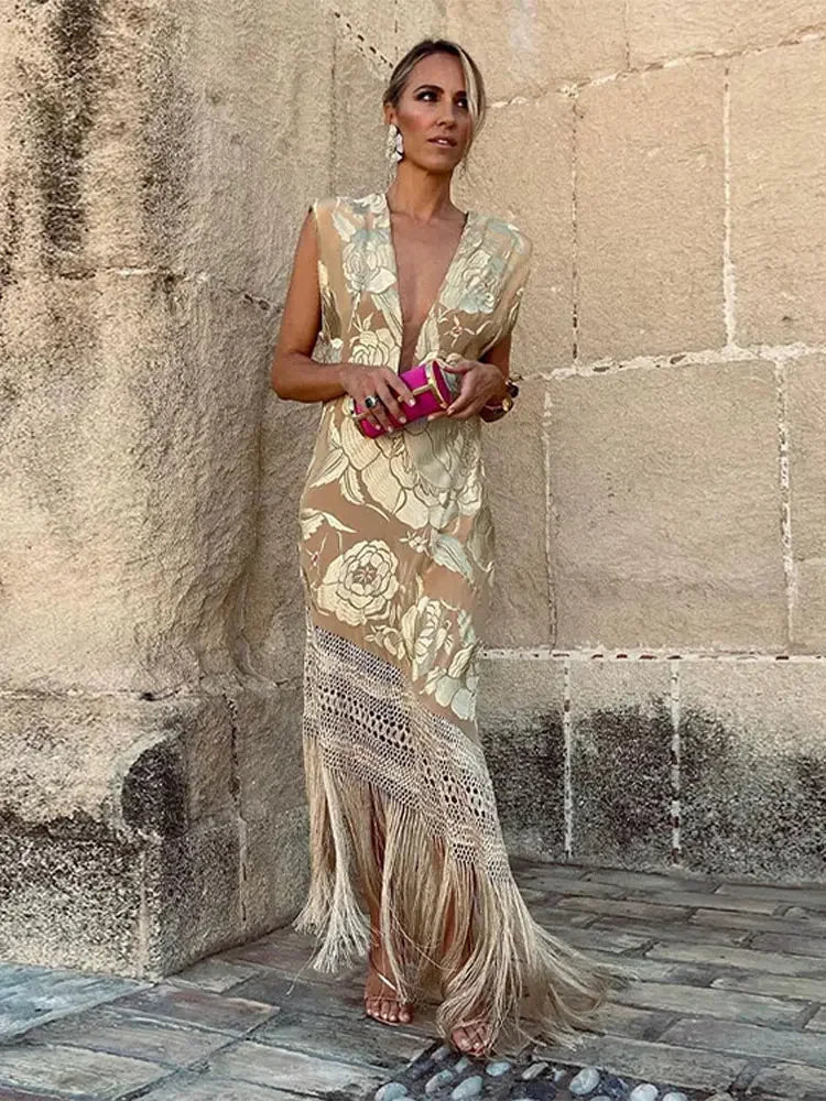 Spliced Lace Tassels V Neck Sleeveless Dress
