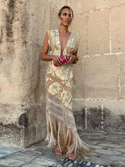 Spliced Lace Tassels V Neck Sleeveless Dress