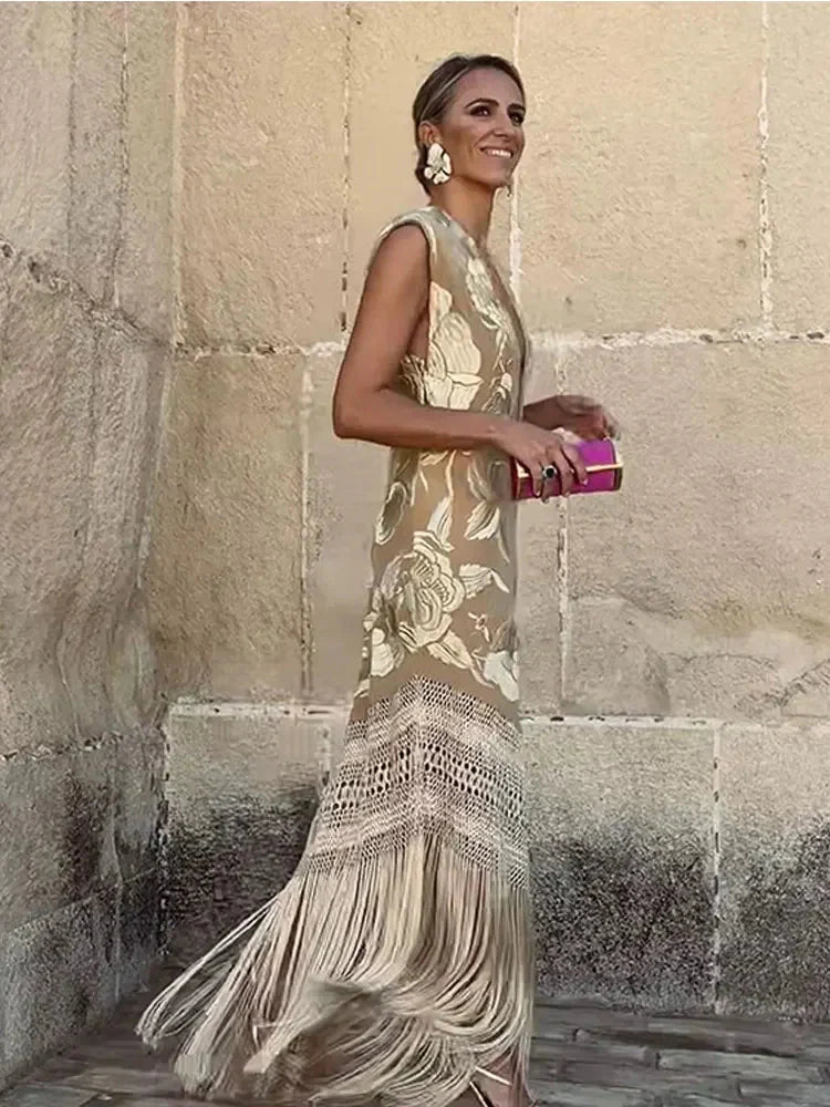 Spliced Lace Tassels V Neck Sleeveless Dress