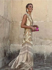 Spliced Lace Tassels V Neck Sleeveless Dress