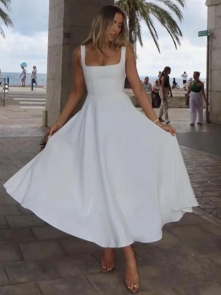 Square Neckline Sleeveless A-line Dress