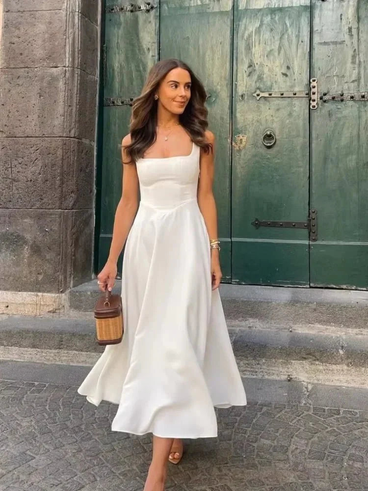 Square Neckline Sleeveless A-line Dress