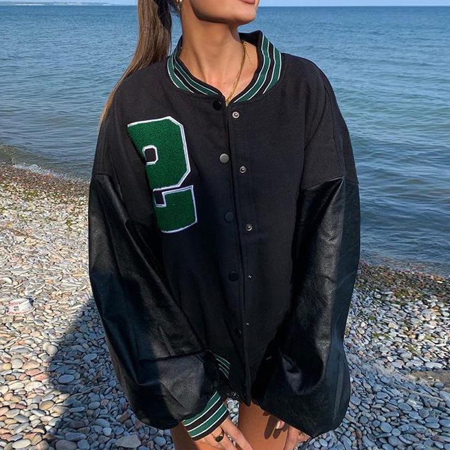 Pu Sleeve Oversized Varsity Jacket