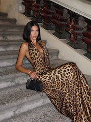 Vintage Leopard Print Halter Backless Floor-Length Maxi Dress