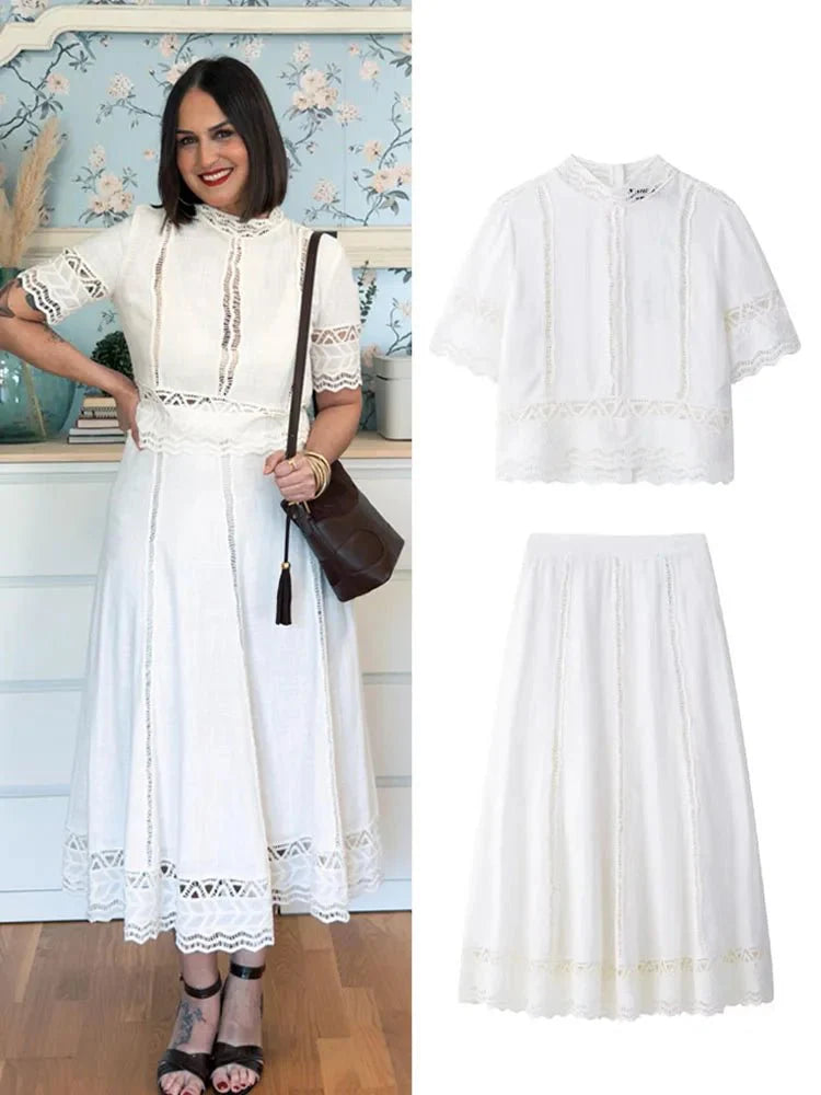 White Crochet Skirt Suit Set