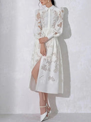 White Lace Puff Sleeve High Waist Slit Dress