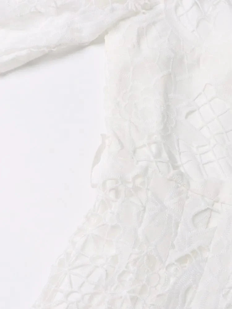 White Lace Puff Sleeve High Waist Slit Dress