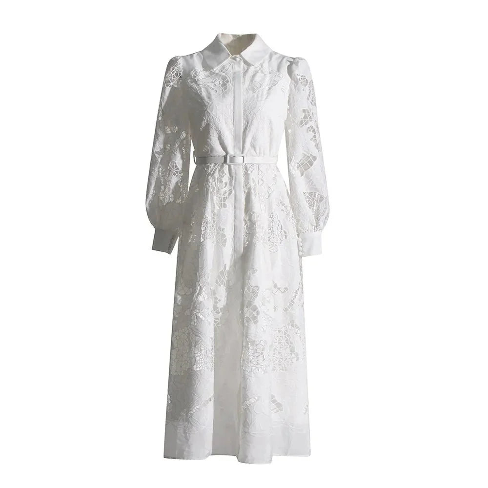 White Lace Puff Sleeve High Waist Slit Dress