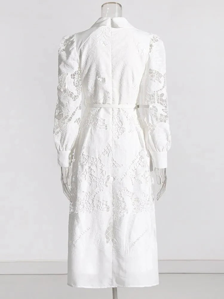 White Lace Puff Sleeve High Waist Slit Dress