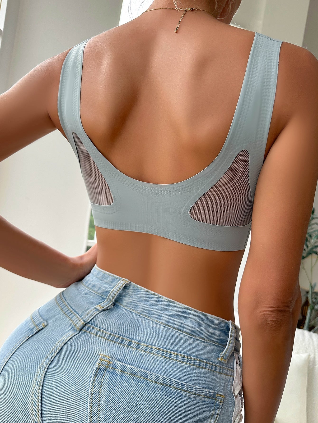 Contrast Mesh No Show Wireless Camisole Bra Lightblue