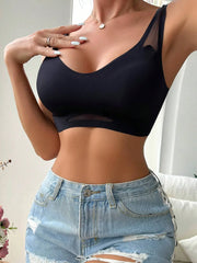 Contrast Mesh No Show Wireless Camisole Bra Black