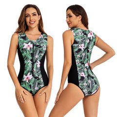 Green Color Printed Zipper One Piece Bathing Suit