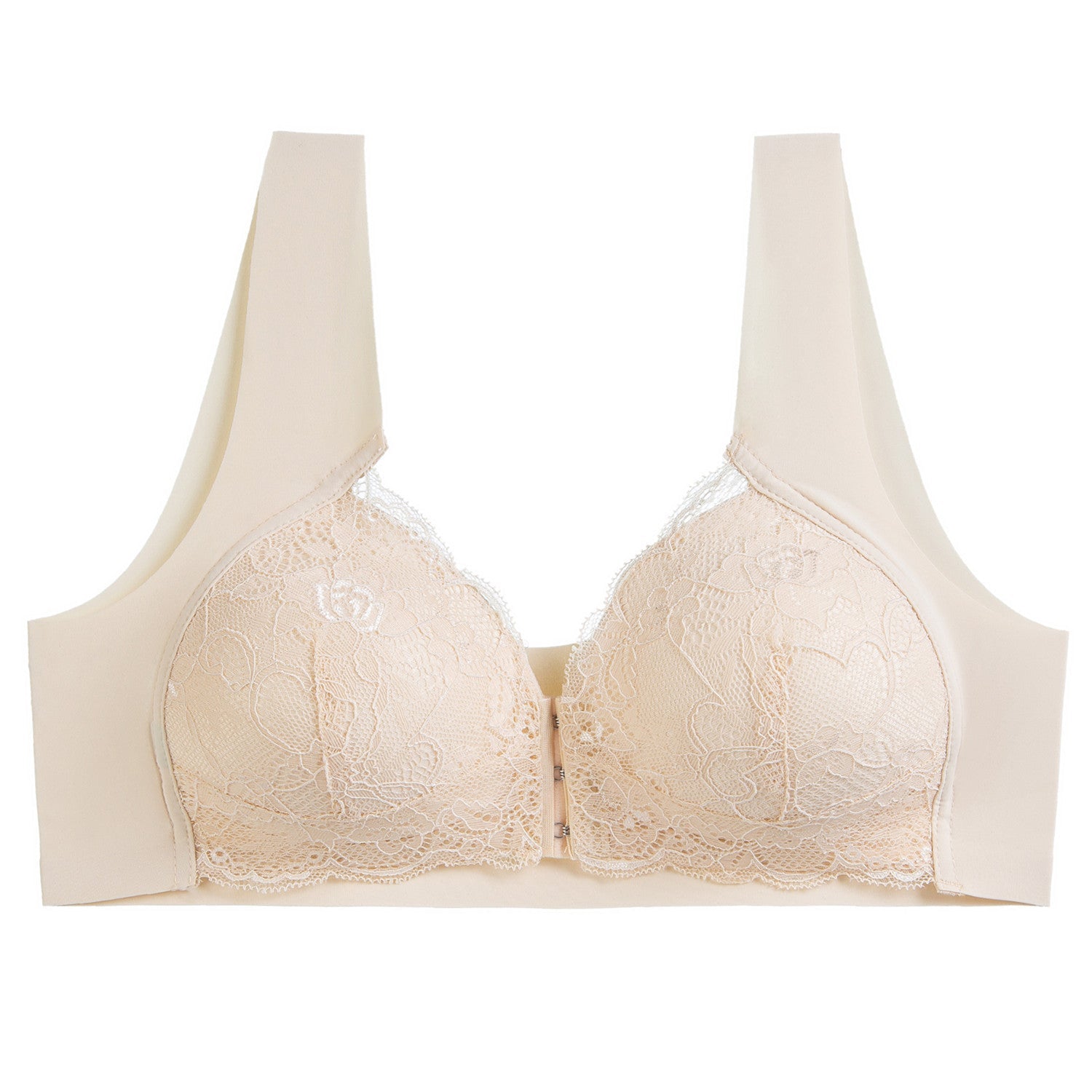 Plus Size Front Close Push Up Lace Wireless Bra Beige