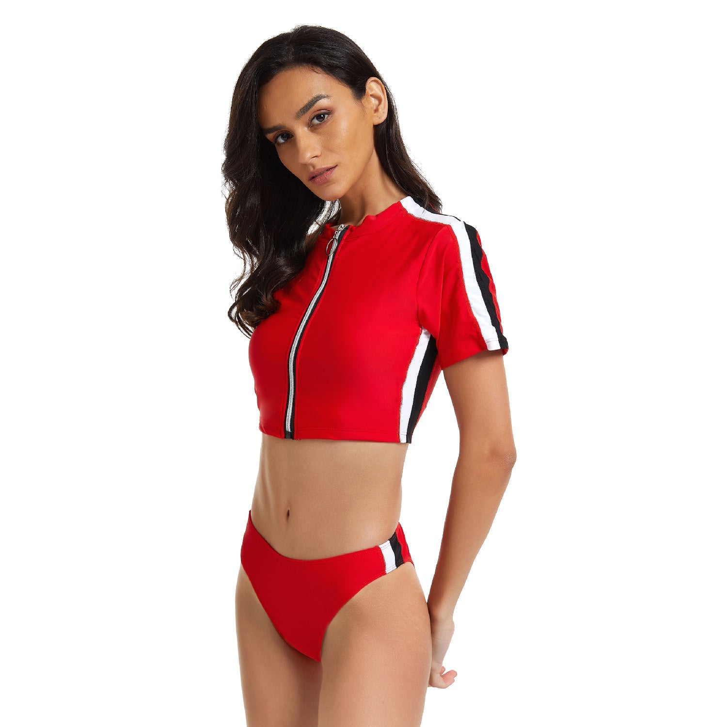 Short Sleeve Swimsuits Crop Top Surfing Suits Red Rash Guard