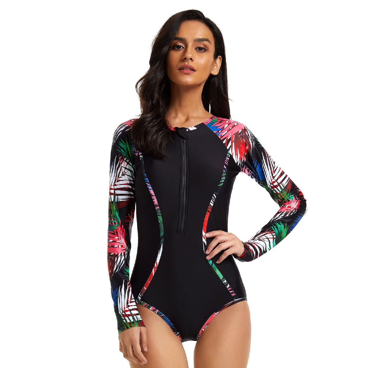 One Piece Swimsuit Long Sleeve Zipper Printed Swimwear