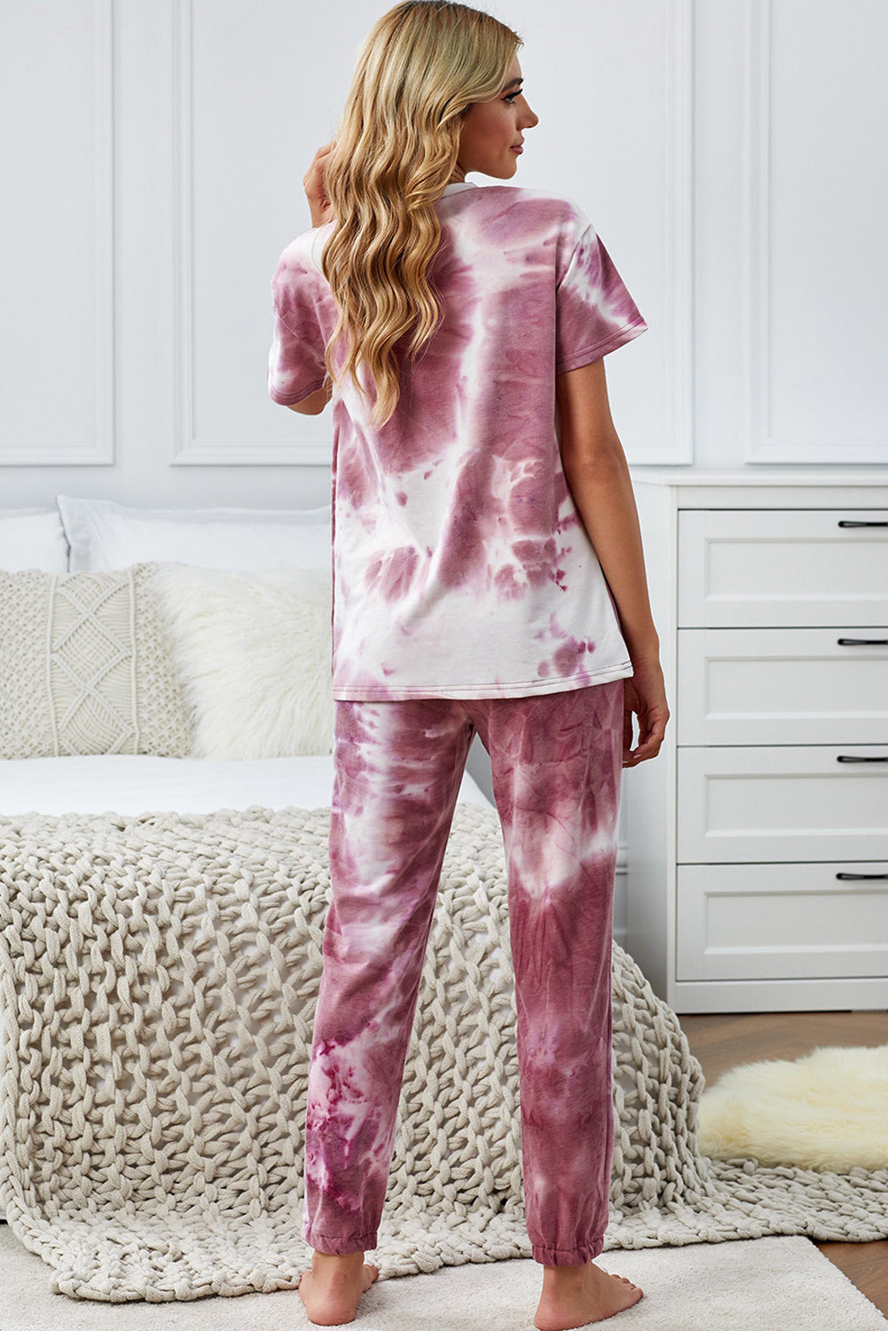 Tie Dye Printed Short Sleeve Tops Pants Loungewear Set