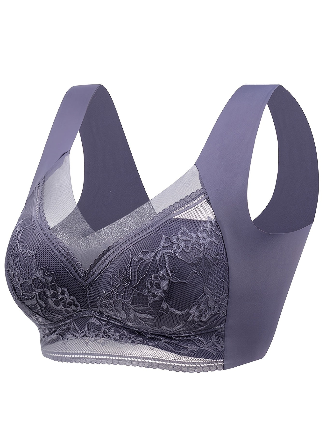 Contrast Lace Wireless Bra, Soft & Comfortable Tank Bra, Lingerie & Underwear Navy