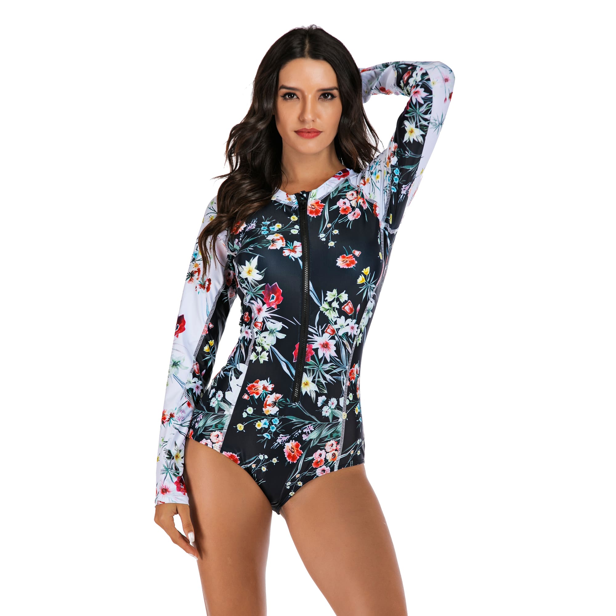 One Piece Floral Swimsuit Long Sleeve Bathing Suit for Women