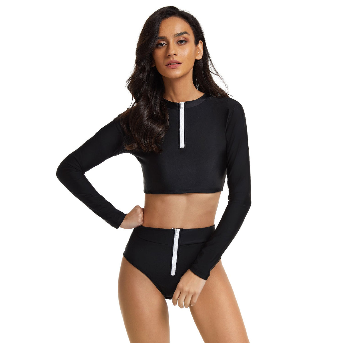 Crop Top Long Sleeve Bathing Suit Zipper Swimsuit