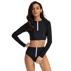 Crop Top Long Sleeve Bathing Suit Zipper Swimsuit