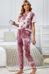 Tie Dye Printed Short Sleeve Tops Pants Loungewear Set