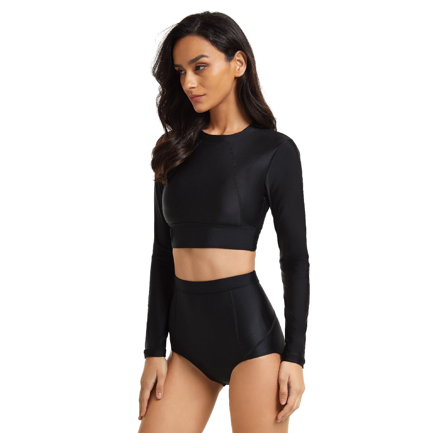 Black Swimsuits Long Sleeve Bathing Suit Crop Top Swimwear