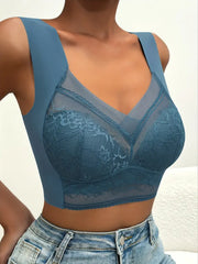 Contrast Lace Wireless Bra, Soft & Comfortable Tank Bra, Lingerie & Underwear Blue