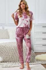 Tie Dye Printed Short Sleeve Tops Pants Loungewear Set