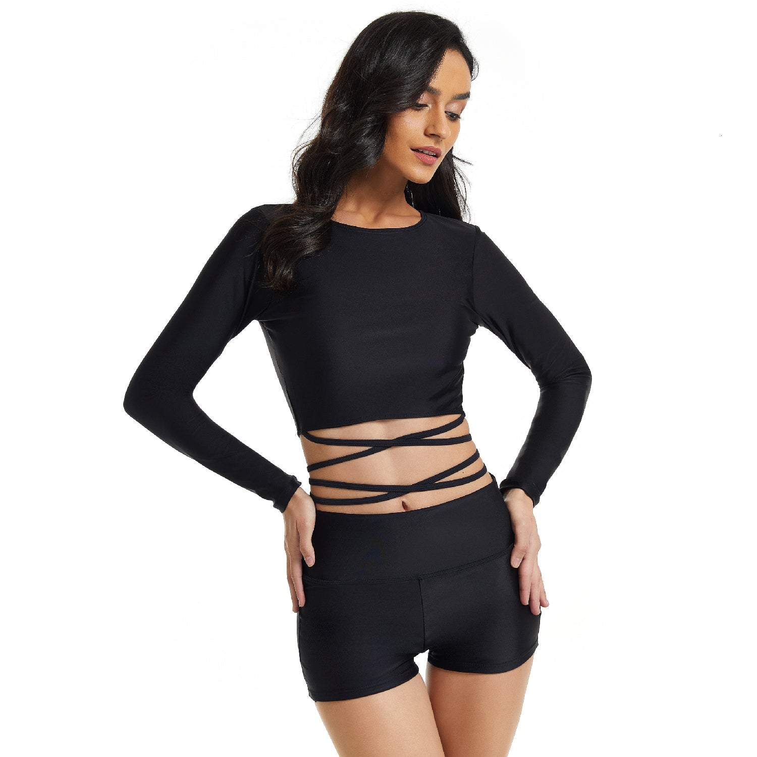 Long Sleeve Swimsuits Black Rash Guard Crop Tops Swimwear