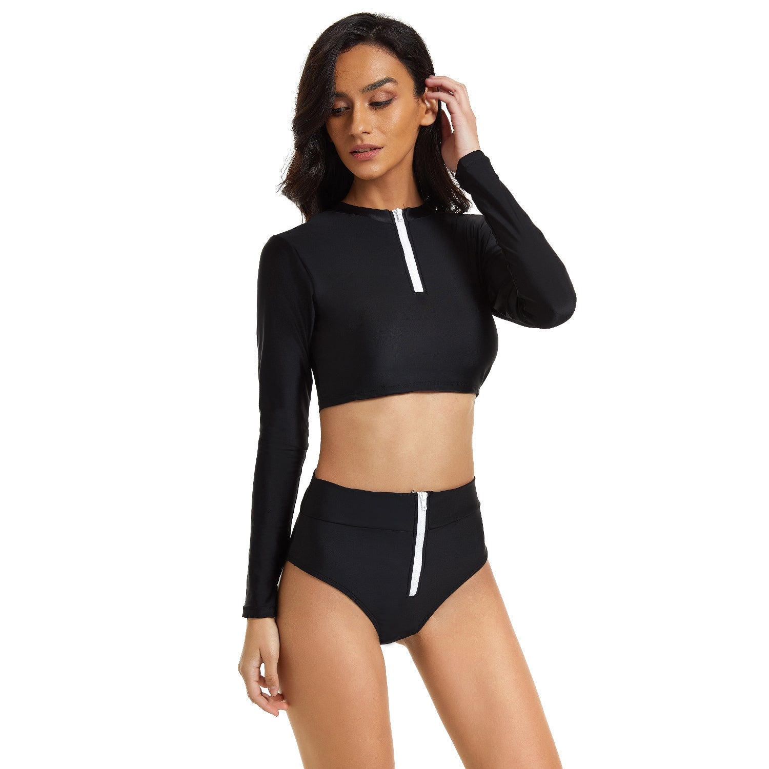 Crop Top Long Sleeve Bathing Suit Zipper Swimsuit