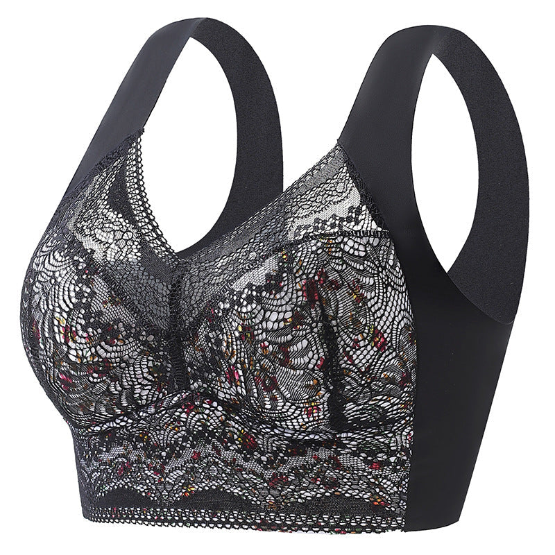 Plus Size Floral Print Lace Mesh Minimizer Wireless Bra