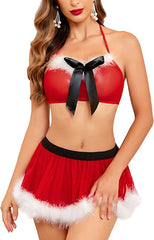 Avidlove Christmas Lingerie Set 3 pieces Bralette Bra and Mini Skirt with G-String Santa Red Lingerie