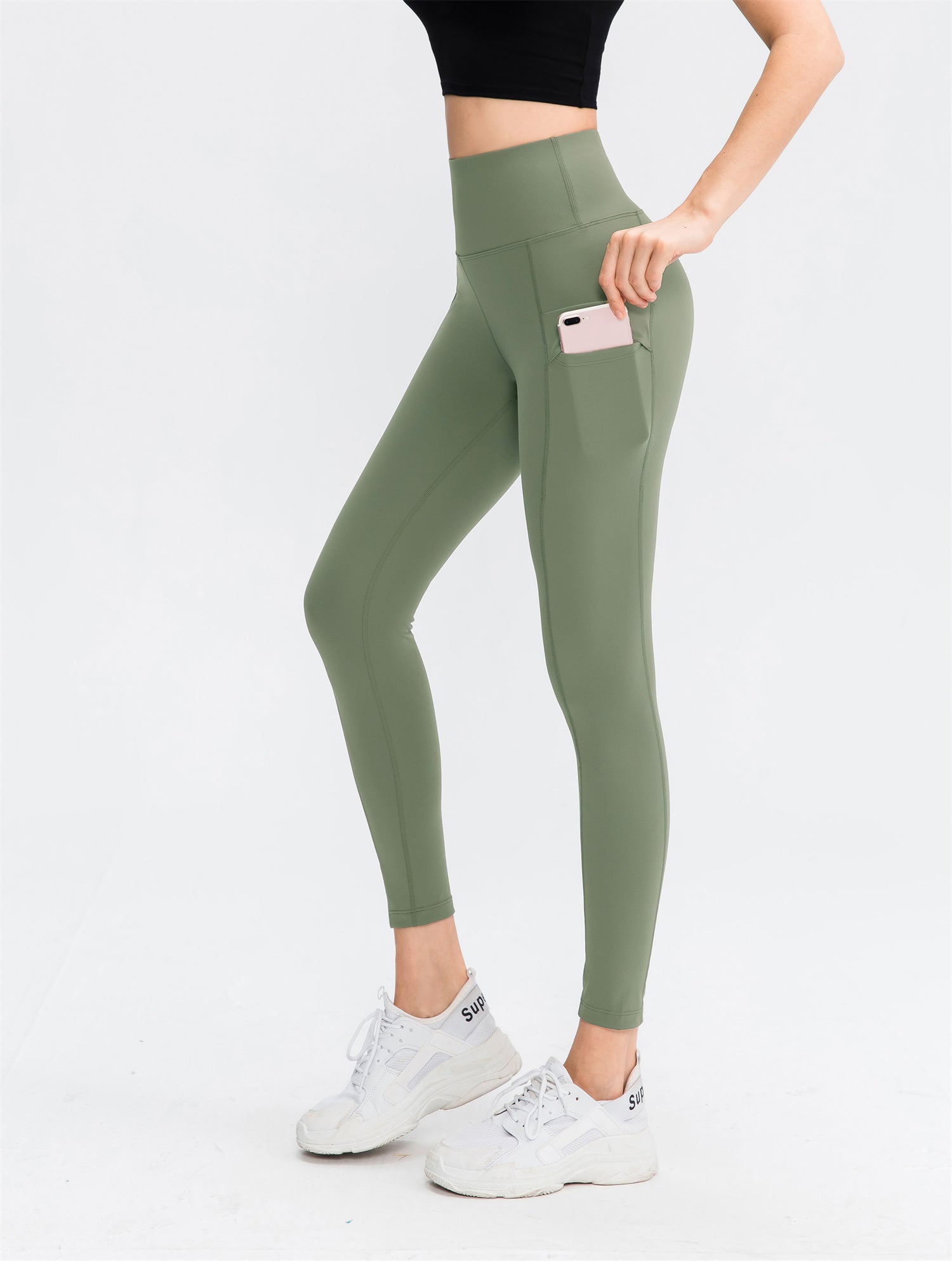 High Waisted Double Pocket Plain Leggings