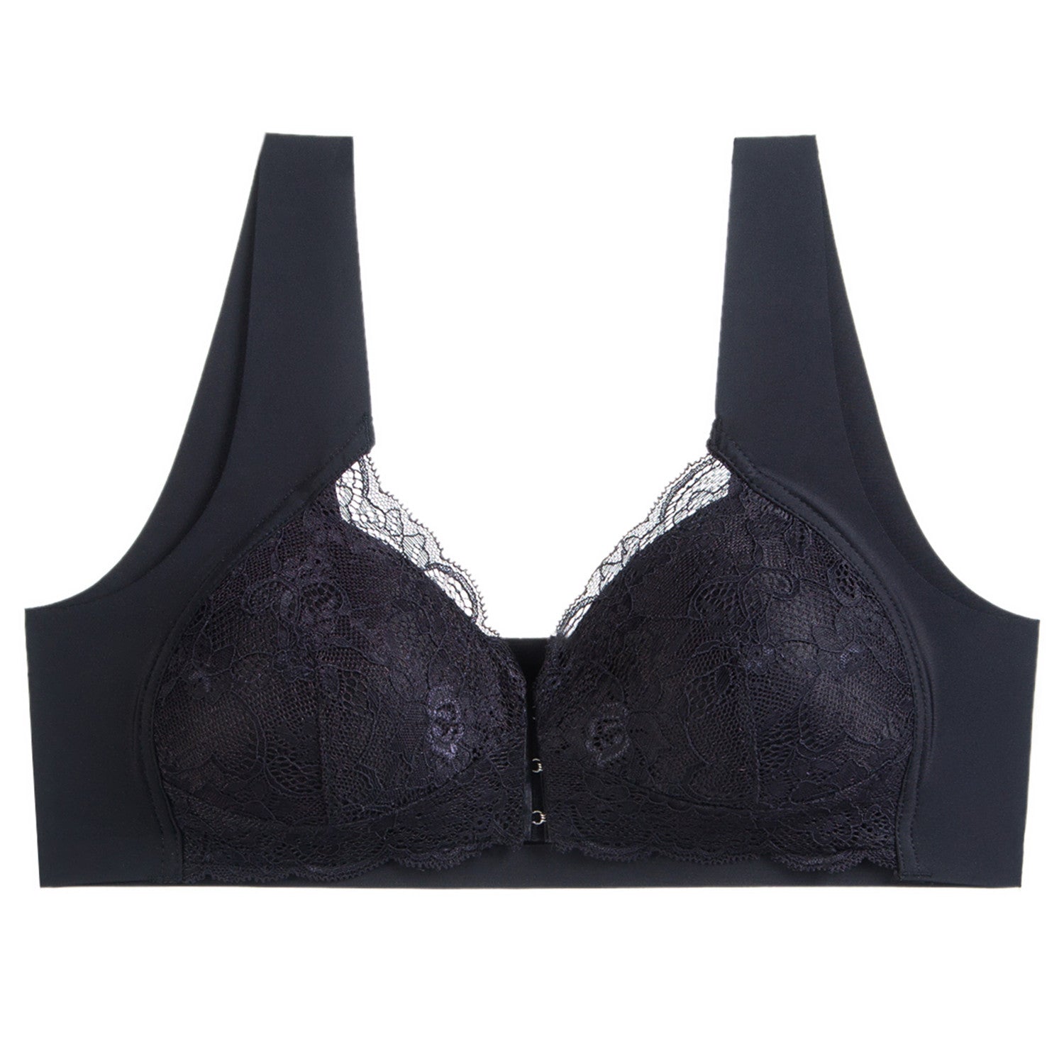 Plus Size Front Close Push Up Lace Wireless Bra Black