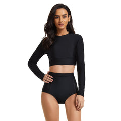 Black Swimsuits Long Sleeve Bathing Suit Crop Top Swimwear