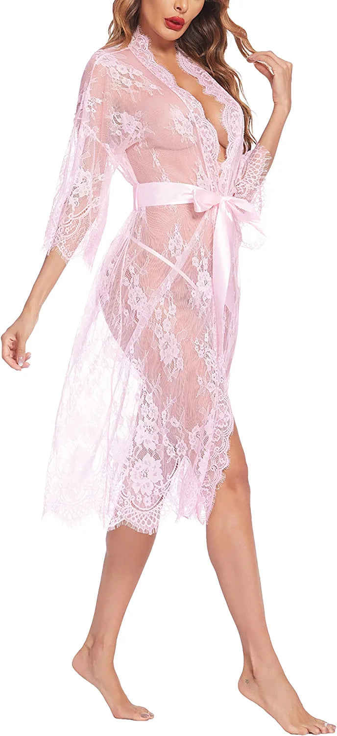 Avidlove Long Lace Lingerie Kimono Robe Sheer Babydoll Nightgown Nightdress