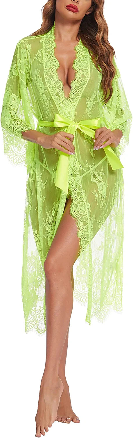 Avidlove Long Lace Lingerie Kimono Robe Sheer Babydoll Nightgown Nightdress