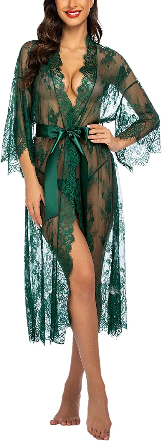 Avidlove Long Lace Lingerie Kimono Robe Sheer Babydoll Nightgown Nightdress