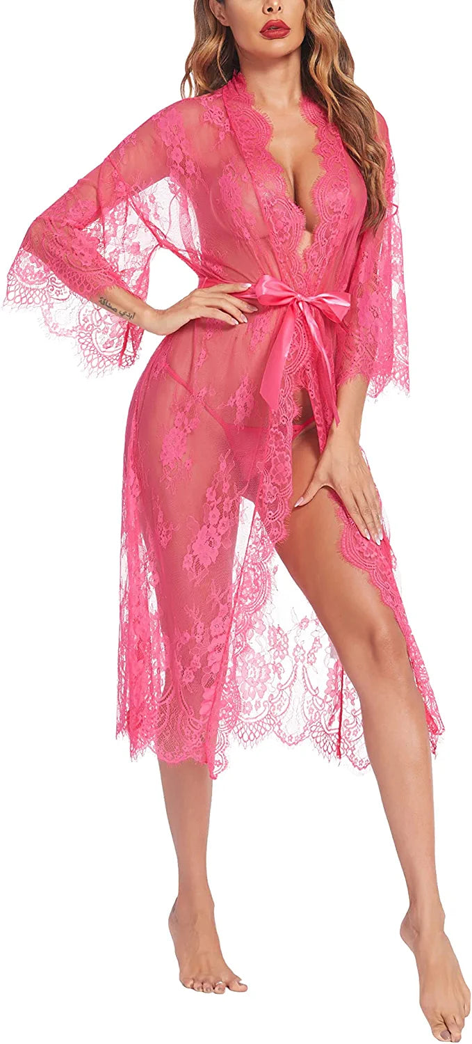 Avidlove Long Lace Lingerie Kimono Robe Sheer Babydoll Nightgown Nightdress