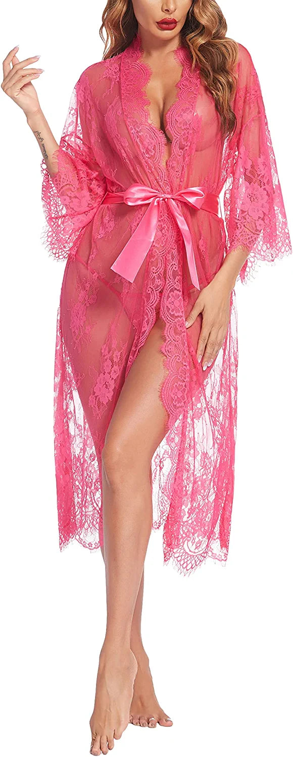 Avidlove Long Lace Lingerie Kimono Robe Sheer Babydoll Nightgown Nightdress