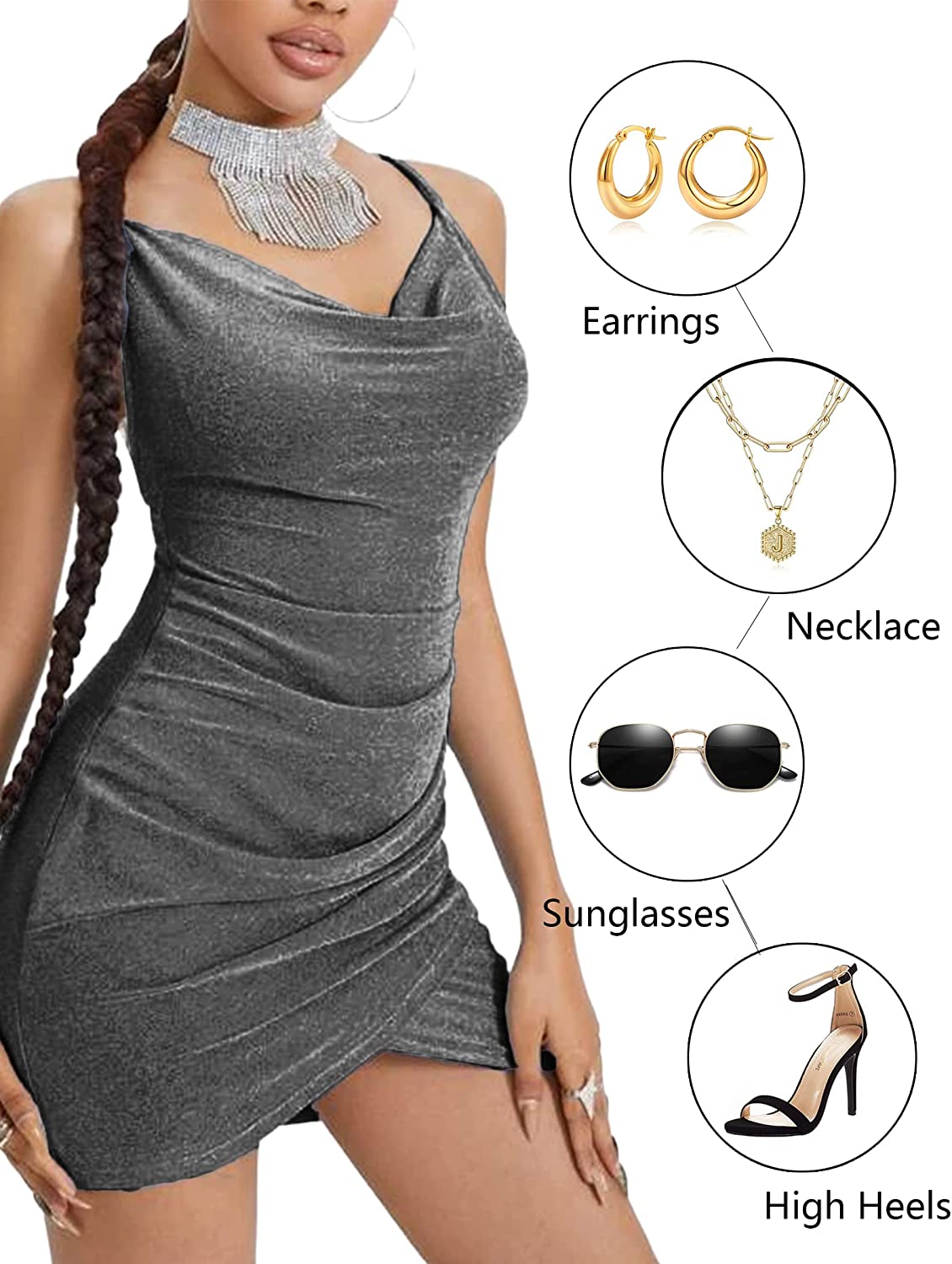 Avidlove Sparkly Glitter Dress Cowl Neck Spaghetti Strap Bodycon Dress Sleeveless Ruched Cocktail Dress for Women