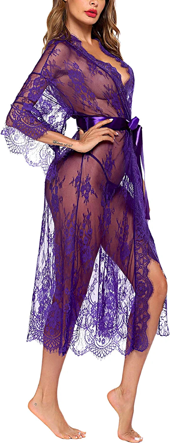 Avidlove Long Lace Lingerie Kimono Robe Sheer Babydoll Nightgown Nightdress