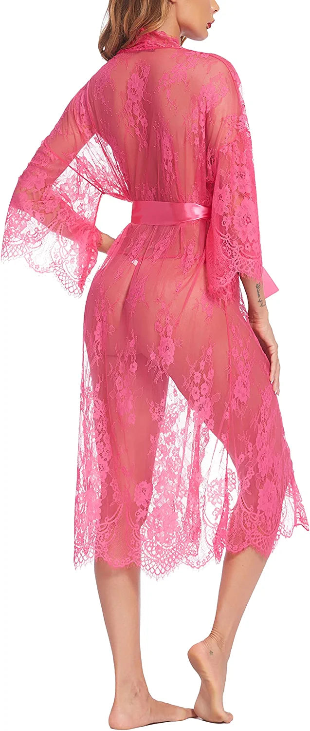 Avidlove Long Lace Lingerie Kimono Robe Sheer Babydoll Nightgown Nightdress