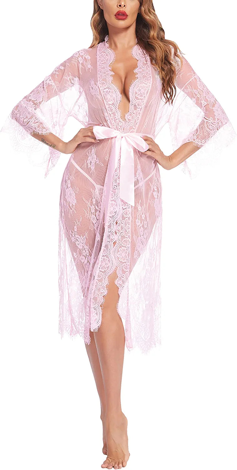 Avidlove Long Lace Lingerie Kimono Robe Sheer Babydoll Nightgown Nightdress