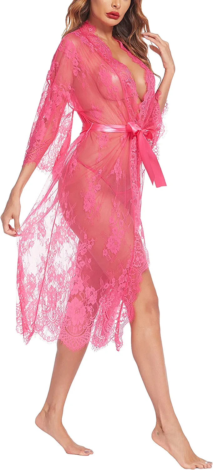 Avidlove Long Lace Lingerie Kimono Robe Sheer Babydoll Nightgown Nightdress