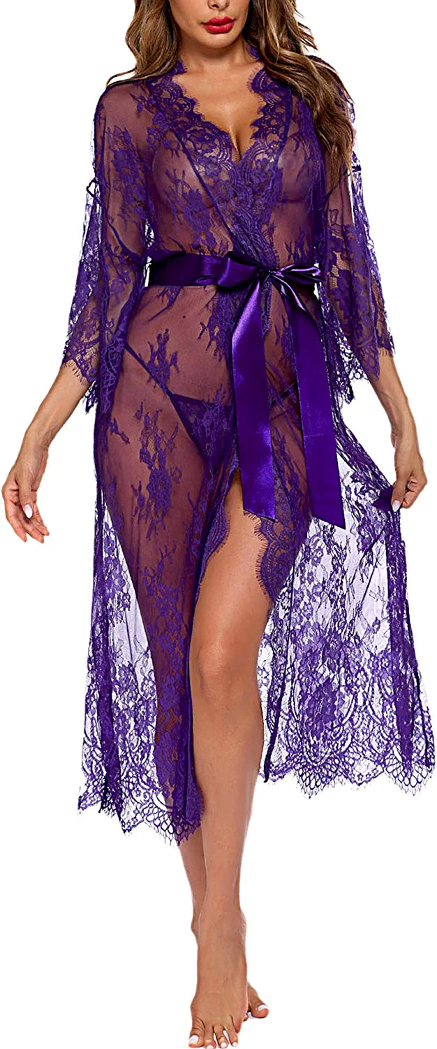 Avidlove Long Lace Lingerie Kimono Robe Sheer Babydoll Nightgown Nightdress